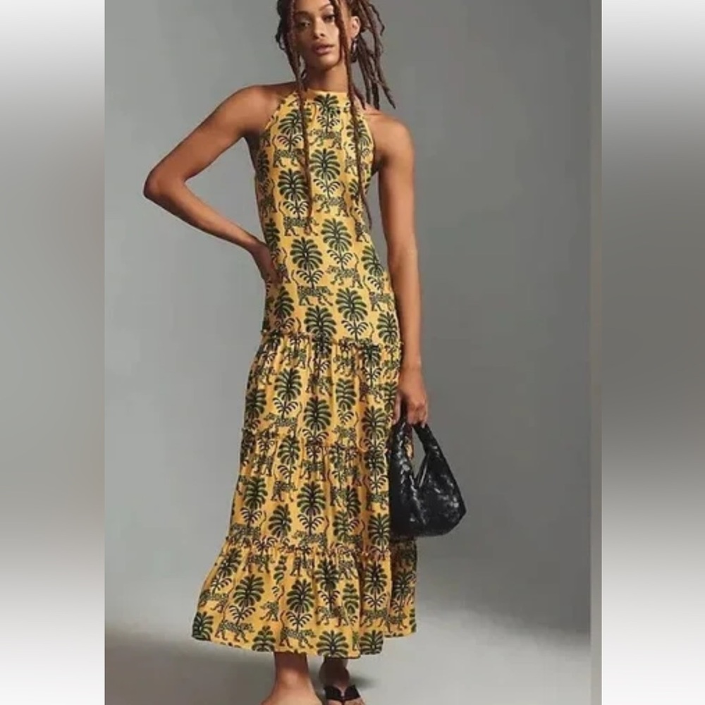Anthropologie Yellow Maxi Dress with Green Palm Motif